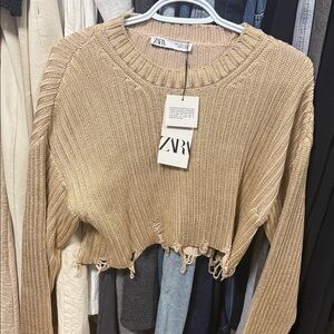 ZARA Cropped Distressed Knit Sweater in Tan
